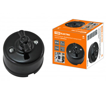 Выключатель фарфоровый поворотный с ручкой (бантик) 10А черный «Болонь» TDM