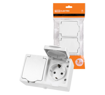 Розетка двойная 2П+З (горизонтальная) открытой установки IP54 16А белая 